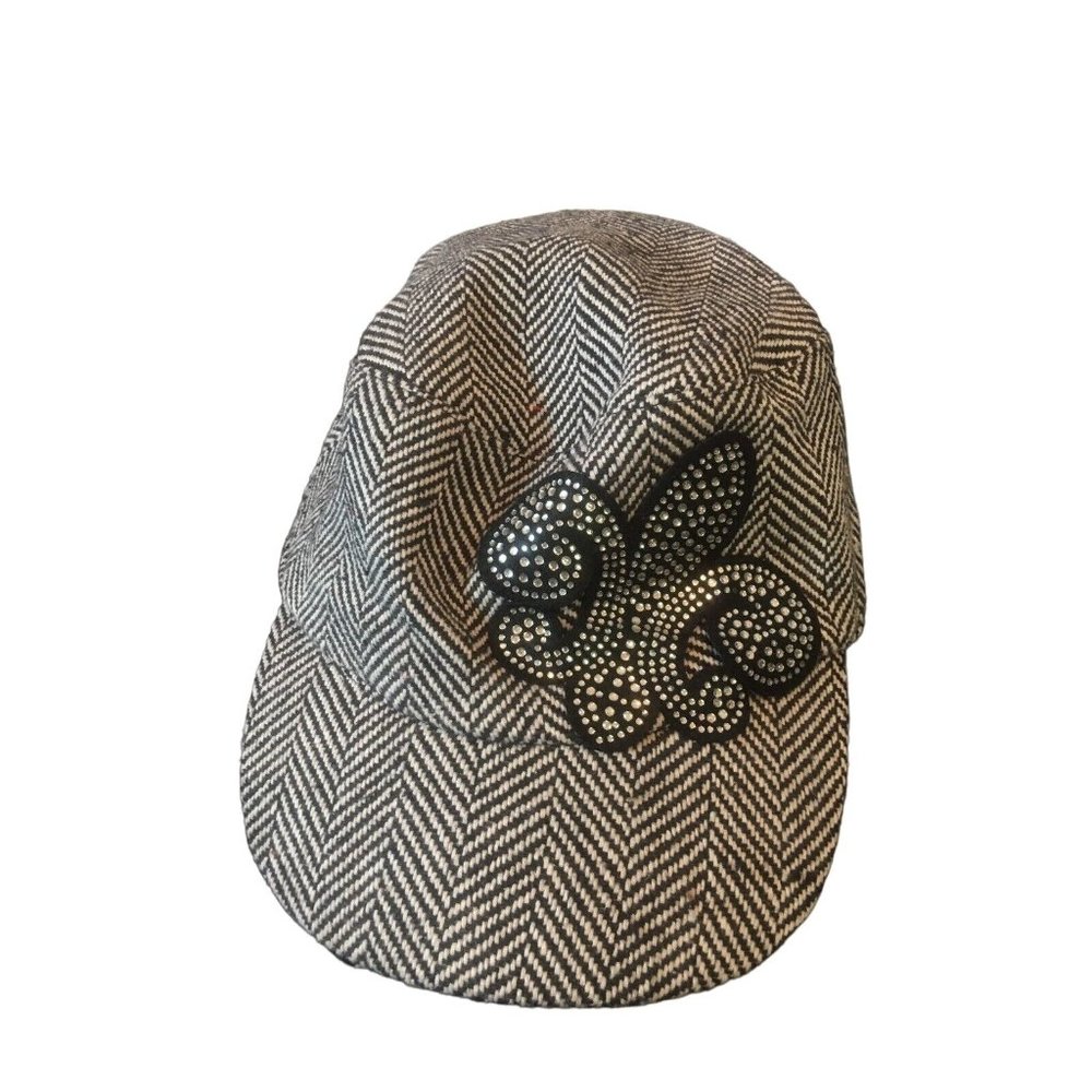 Black & White Houndstooth Newsboy With Rhinestone Blinged Fleur De Lis Hat EUC